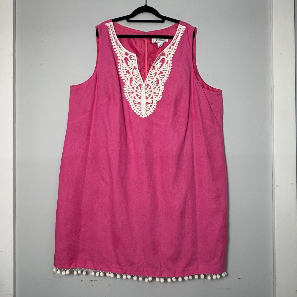 Vtg J. Howard Hot Pink Linen Blend Shift Dress Crochet V-Neck Pom Pom Hem 24W